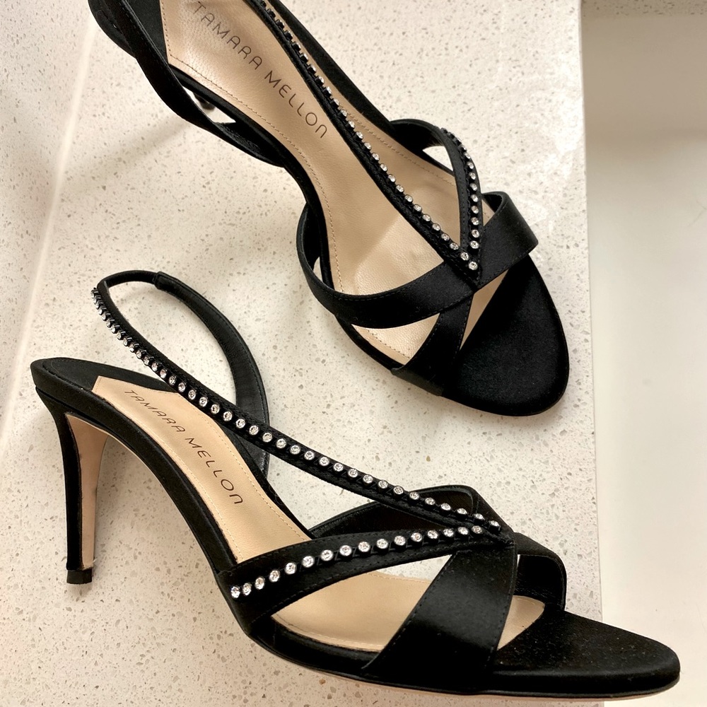 Tamara Mellon Italian black sandals with rhinestones
